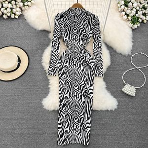 Casual Jurken Stand Kraag Lange Midi Jurk Vrouw Zebra Gedrukt Vintage Y2K Partu Club Vrouwen Chic Koreaanse Straat Vestidos Lady