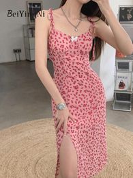 Casual jurken beiyingni stijlvolle dames spaghetti riem jurk bloemendruk boog romantische sexy roze slanke vestidos feminino