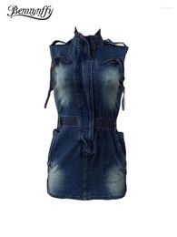 Vestidos informales Benuynffy Half Zipper Washed Cargo Denim Vestido Mujer Summer 2024 Fashion Streetwear sin mangas mini jean