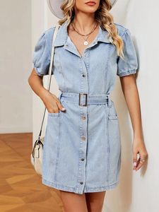 Robes décontractées Benuynffy manches courtes bouffantes robe en jean ceinturée femmes 2024 printemps été vintage simple boutonnage chemise en jean avec poches