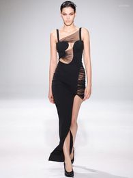 Casual jurken Bevenccel Sexy Summer Dames Black Mesh Patchwork Split Long Bandage Dress Elegante mouwloze Slim Party Club 2023