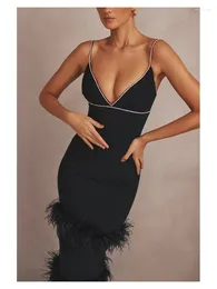 Casual jurken sexy V-hals diamanten veren bandagejurk elegante zwarte mouwloze bodycon beroemdheid avondfeest nachtclub