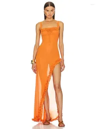 Casual jurken BEVENCCEL dames sexy mouwloos pure ruches lange jurk elegante bandjes oranje onregelmatige ruche maxi feest-avond