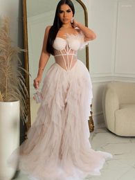 Casual jurken Mooie ruches Chffion Party Feather Maxi-jurk Elegant Sheer Mesh Corset Lange jurken Verjaardagsoutfits