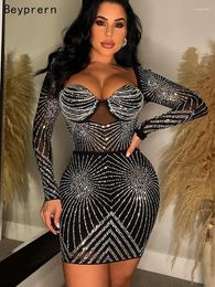 Robes décontractées Beyprern luxe géométrique noir strass courte robe de soirée femme femmes élégantes paillettes moulante robe de nuit sexy clubwear