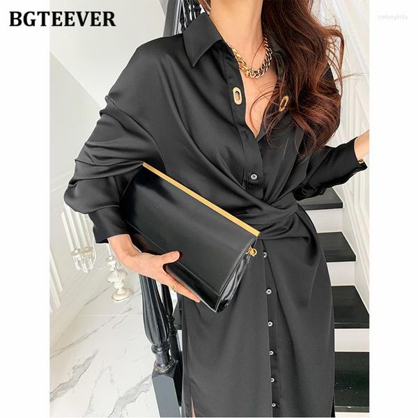 Robes décontractées Bgteever élégant simple boutonnage femmes robe solide 2023 automne revers manches longues taille croisée dames fendus robes femme