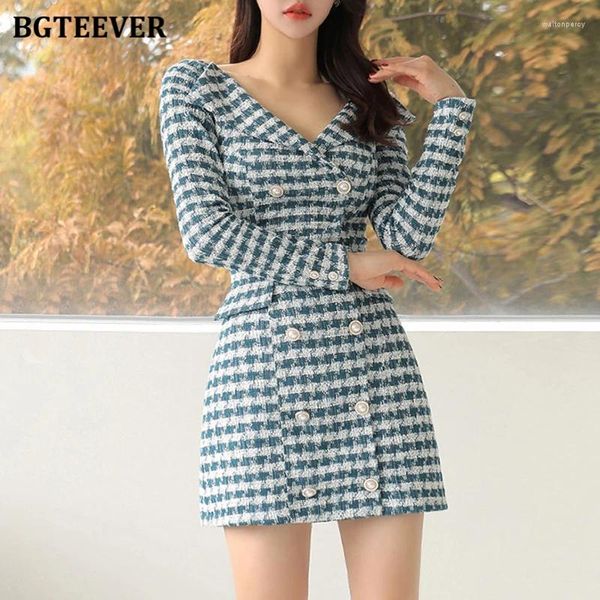 Robes décontractées bgteever élégant double poitrine à manches longues à manches longues bodycon mini robe élégante en V slim slim dames houndstooth paquet