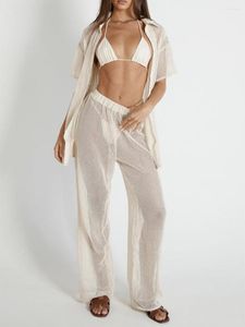 Vestidos casuales BHMAWSRT Mujeres Sexy Traje de 2 piezas Cubrir Malla de verano Ahueca hacia fuera Camisa de ganchillo y mono Pantalón de cintura elástica (Café M)