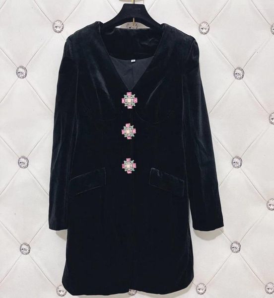 Robes décontractées gros boutons strass col en V à manches longues femmes élégant velours Hepburn style mini robe noire