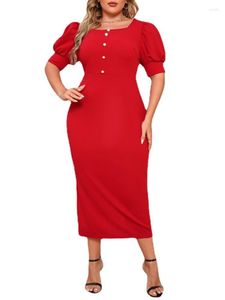 Robes décontractées grande taille femmes élégantes Robe de travail manches bouffantes col carré bureau mince moulante Femme Robe rouge Vestidos Midi pour dame fête