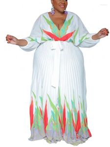 Robes décontractées grande taille imprimé robe plissée pour femmes vêtements de fête sexy col en V taille haute longue robe élégante femme vestido maxi