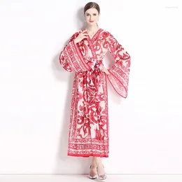 Casual jurken grote mouw slinger dames max jurk elegant bedrukte v-neck met riem mode losse feestvakantie vestidos