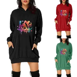 Robes décontractées Grandes femmes Veste Femme Poche Love Lettre Imprimer Sweat-shirt à capuche Robe Pull Col rond