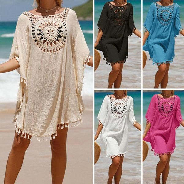 Vestidos casuales Bikini Cubrir Medias mangas Crochet Hueco Borlas Protección solar Suelto Playa Traje de baño Mini vestido Ropa de playa