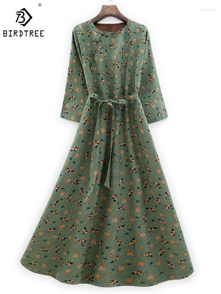 Robes décontractées Birdtree 32mm mûrier soie vintage robe de gaze arrosée patte inclinée rabat manches chauve-souris dessin animé imprimé jupe longue D39971QD