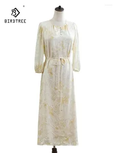 Robes décontractées BirdTree 48,2% véritable soie élégante pour femmes à manches longues O cou fleur imprimé OL robe de soirée 2024 été D432115QC