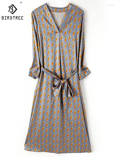 Robes décontractées Birdtree 90% Real Silk Robe Femme V-Col à manches longues Impression mince élégante Tempérament simple A-Line Summer D41116QD