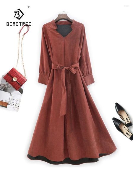 Robes décontractées Birdtree Mulberry Silk Xiangyunsha Vintage Robe Fashion Veme V-col