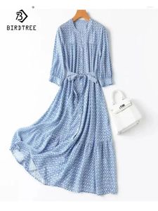 Casual jurken Birdtree Real Silk Elegant For Women V-Neck Lace-Up Ruffled Edge Gedrukte literatuurjurk 2024 Zomer D43756QC