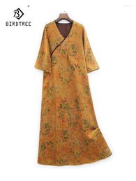 Robes décontractées BirdTree Real Soie XiangyunSha Femmes élégantes Col V Taille lâche Imprimé Vintage Robe de banlieue 2024 Été D43755QC
