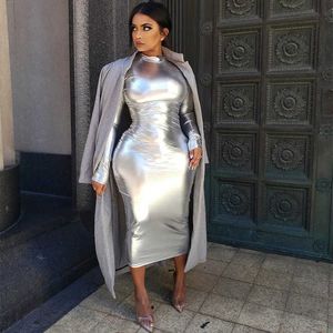 Casual jurken bkld mode goud zilveren bodycon sexy cocktail party jurken elegante dames slanke fit metallic holografische holografische midi jurk z0216