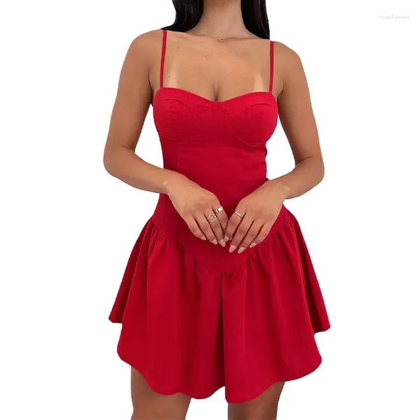 Vestidos informales BKLD High Fashion Ruffle Spaghetti Straps Mini 2024 Corte bajo Forma de cuerpo Corbata Abierta Espalda Slim Club de mujer Trajes de calle