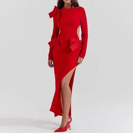 Vestidos casuales BKLD vestido rojo ropa de mujer 2024 invierno sexy espalda abierta decoración de arco alto dividido manga larga bodycon fiesta clubwear