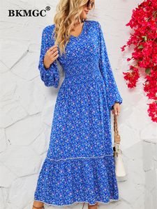 Robes décontractées BKMGC Bleu Menthe Vert Lâche Manches Courtes Taille Moyenne Col En V A-ligne Fleur Imprimer Femmes Élégantes Longue Robe D'été 2857 230221