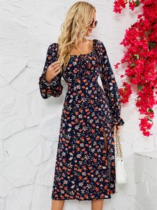 Robes décontractées BKMGC Élégant Bleu Foncé Floral Imprimé Col Carré Côté Split Robe Pour Femmes Été Automne Boho Bohème Hippie Vintage 6500 230113