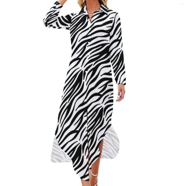 Robes décontractées Robe de zèbre noire et blanche Stripes Imprimer Mode à manches longues à la mode Dames V Cou Personnalisé Grande Taille Mousseline de soie