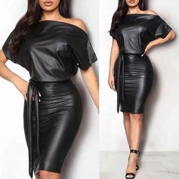 Casual Jurken Zwart Asymmetrisch Sexy Kunstleer Bodycon Jurk Vrouwen Zomer Korte Mouw Knielengte Potlood