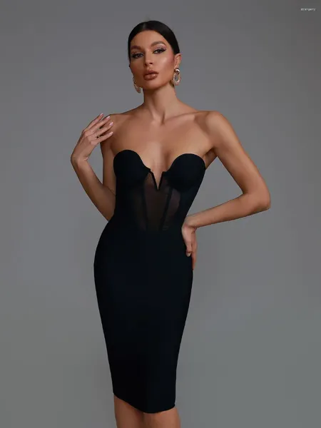 Vestidos casuales vestidos de vendaje negro mujer midi fiestcon elegante malla inserta de malla sexy club de cumpleaños sin tirantes atuendos verano 2024