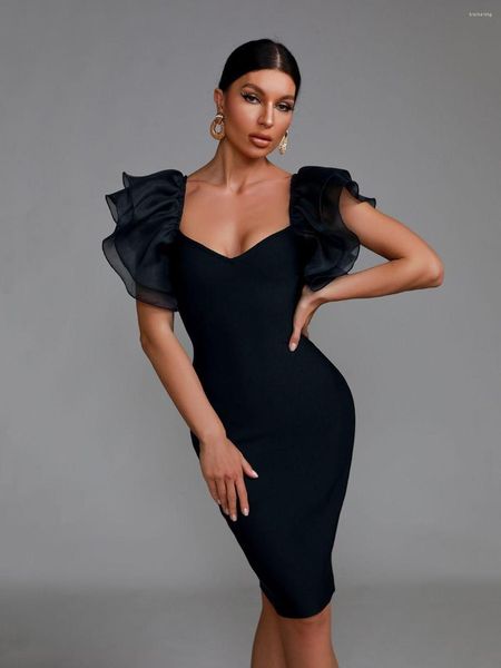 Robes décontractées noir robe de pansement femmes fête moulante élégant Sexy Chffion embelli anniversaire soirée Club tenues été 2023