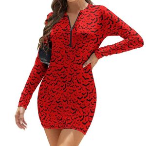 Casual jurken zwarte vleermuis ontwerpjurk dames vliegende vleermuizen print esthetische bodycon herfst lange mouw behoorlijk oversize vestido