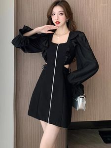 Robes décontractées Noir Chic À Volants Élégant Creux Out Robe Sexy Pour Femmes Automne Hiver Mode Moulante Bal 2024 Coréen Vintage Robes