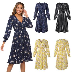 Casual jurken zwarte kleding voor vrouw herfst winter zomer zomer lange mouw elegante dames bloem v kraag feest strand jurkcasual