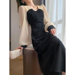 Casual jurken zwarte jurk lange mouwen hepburn stijl 2023 zomer midden lengte rok Frans kleine witte jurkescasual