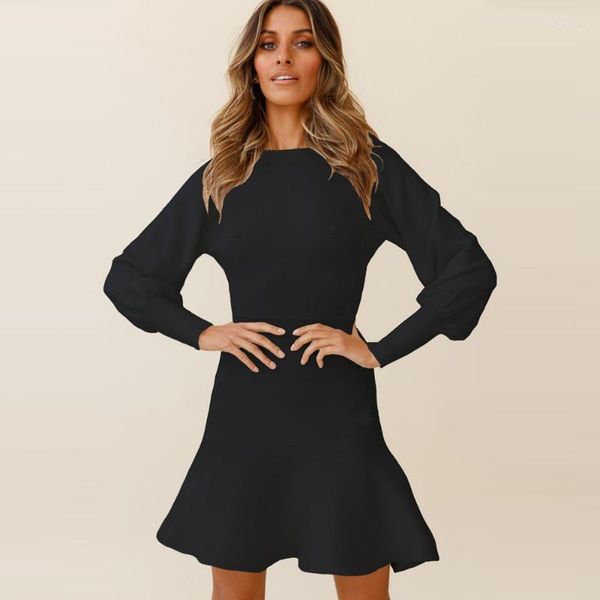 Vestidos casuales Vestido negro O cuello Linterna Manga larga Sólido Flaco Mini A-Line Ruffle 2023 Moda Mujer Rosa