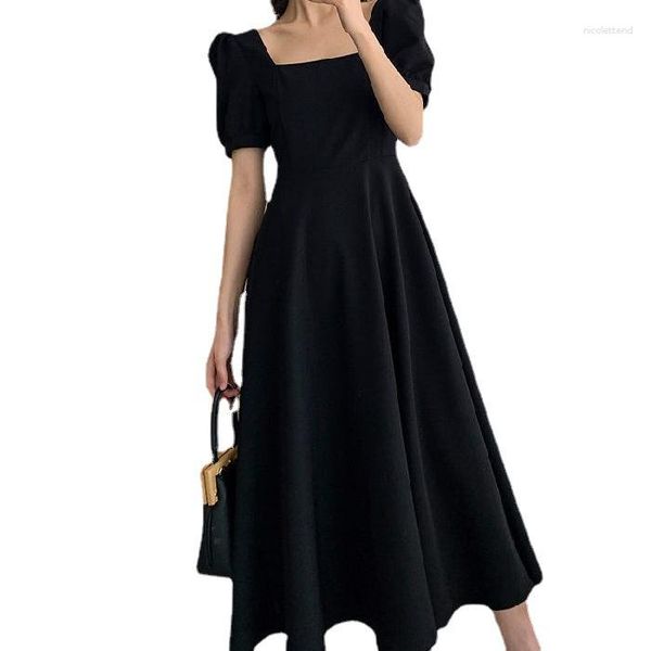 Robes décontractées noir élégant Chic robe 2023 été basique dame une ligne cou sur genou longueur petite manche bouffante