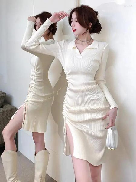 Robes décontractées noires élégant seigneur de fête de fête de fête femmes 2024 automne beige beige à manches longues minces vintage de base brun knit mini y2k chic