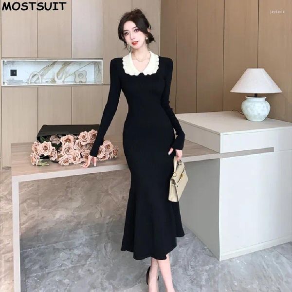 Robes décontractées Black Elegant Slim Knit Sweater Robe Fomen Femmes Couleur Blocage Longte Mane Vintage Fashion Chic Bodycon Vestidos Mujer