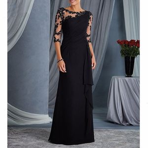 Robes décontractées Soirée noire mère de la mariée robes avec 34 manches appliques en mousseline de soie bleu royal mère mariages fête invité robes de bal 230210