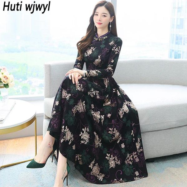 Robes décontractées Black Floral Chinese Style Cheongsam Femmes Habille au printemps automne à manches longues Elegant Maxi 2024 Vintage Bodycon Party Vestido