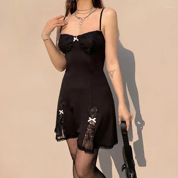 Vestidos casuales Negro gótico lolita estilo mini vestido de una línea para mujeres encaje sin mangas cuello en V con arco Y2K estética grunge ropa