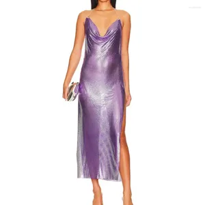 Robes décontractées Black Halter Neck Metal Chainmail Side Slit Evening Prom Women's Purple Chain Dress