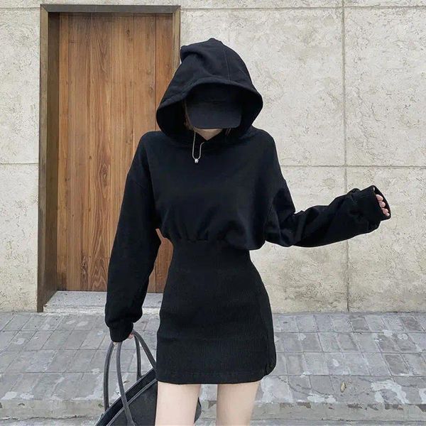 Robes décontractées Mini robe à capuche noire Femmes manches longues Automne Hiver Mode coréenne High Street Sexy Streetwear