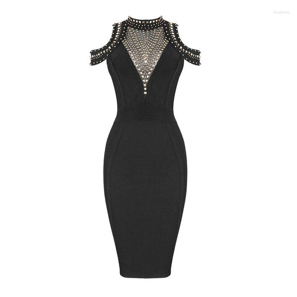 Vestidos casuales Black Keyhole Sin mangas Sin espalda Sexy Mujer Est Llegada Moda Rebordear Mini Bodycon Stretch Vendaje Vestido Drop