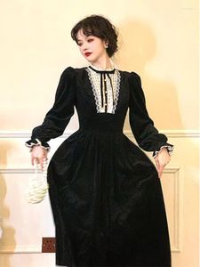 Vestidos casuales negro estilo coreano vestido de terciopelo mujer encaje elegante fiesta de noche Midi mujer manga larga francés Vintage otoño 2023