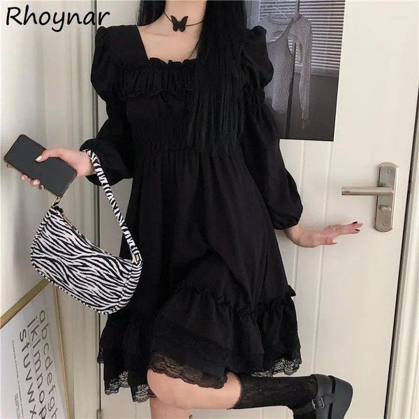 Robes décontractées Robe en dentelle noire Femmes Lolita Style Français Streetwear Col carré Temper Y2K Vêtements Automne Vintage Mode Robes Adolescents