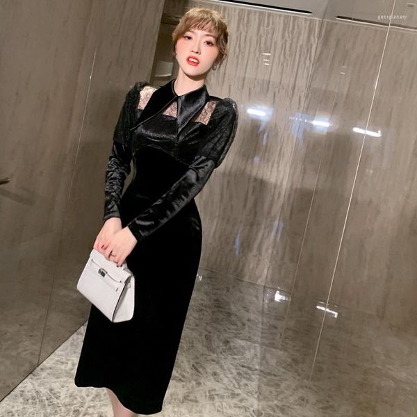 Vestidos casuales de encaje negro elegante para mujeres Party de manga larga Corsé delgado Velvet Velvet Vestir para mujeres Llegada 2023